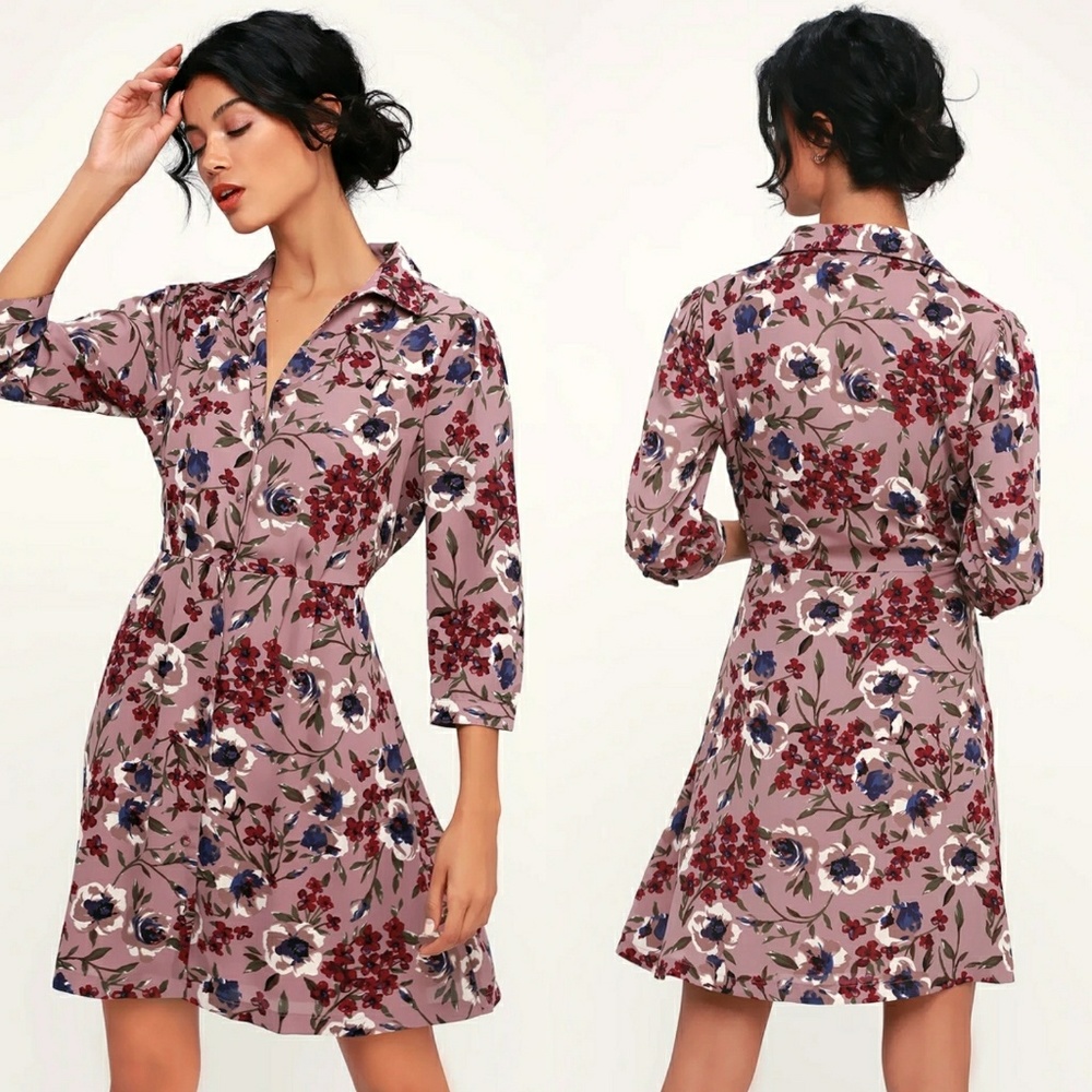 MAUVE FLORAL PRINT BUTTON-UP DRESS